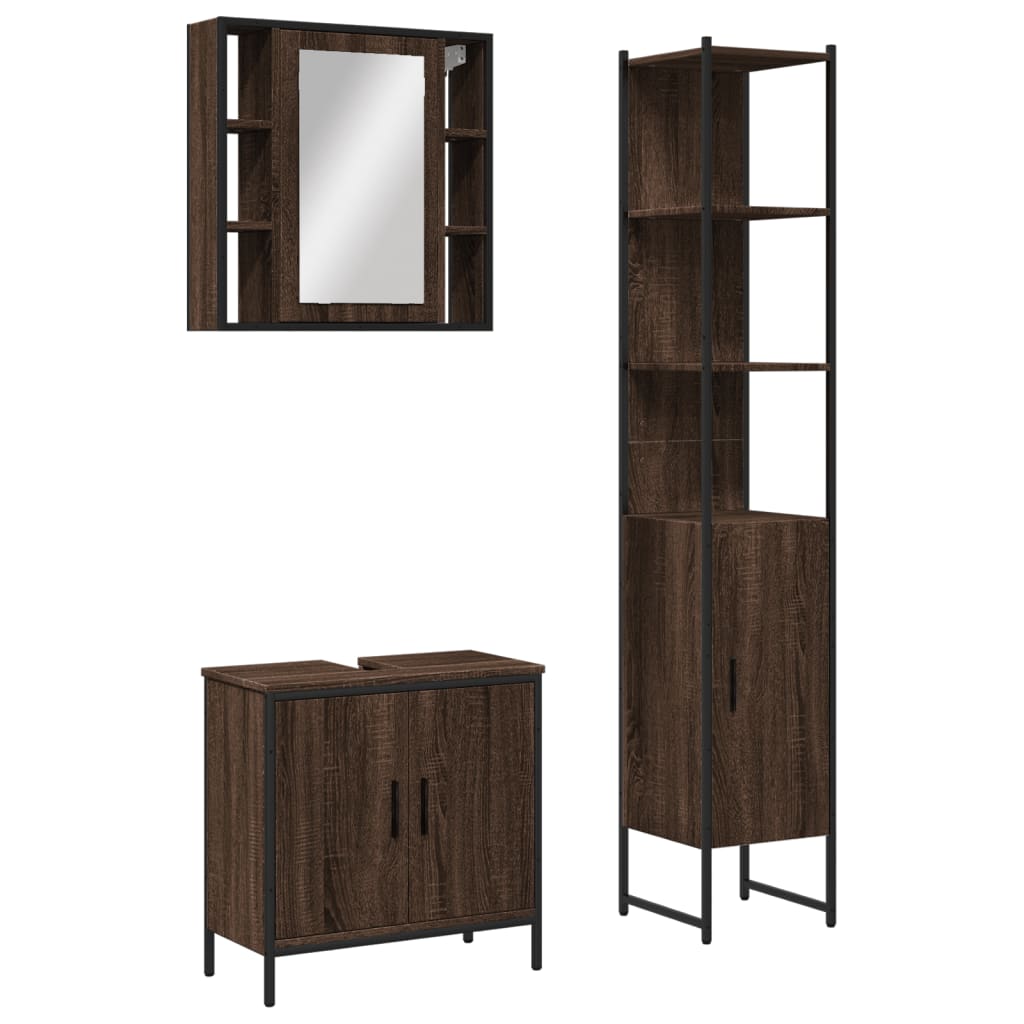 3 Piece Bathroom Cabinet Set Brown Oak Engineered Wood