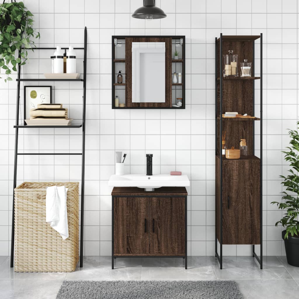 3 Piece Bathroom Cabinet Set Brown Oak Engineered Wood