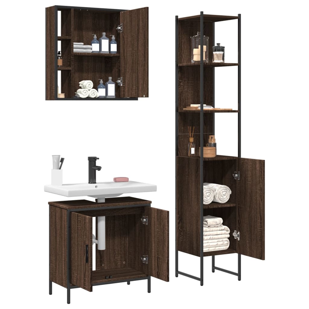 3 Piece Bathroom Cabinet Set Brown Oak Engineered Wood