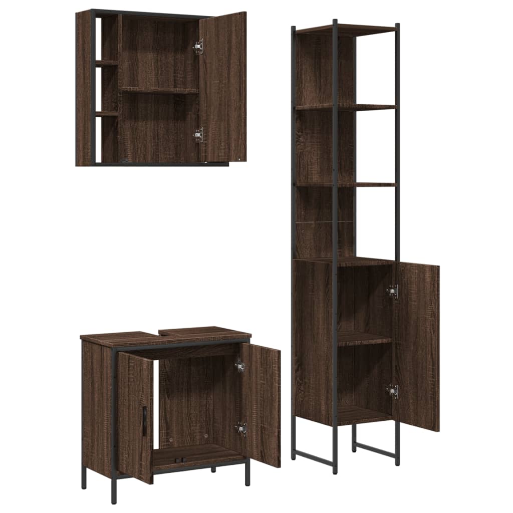 3 Piece Bathroom Cabinet Set Brown Oak Engineered Wood