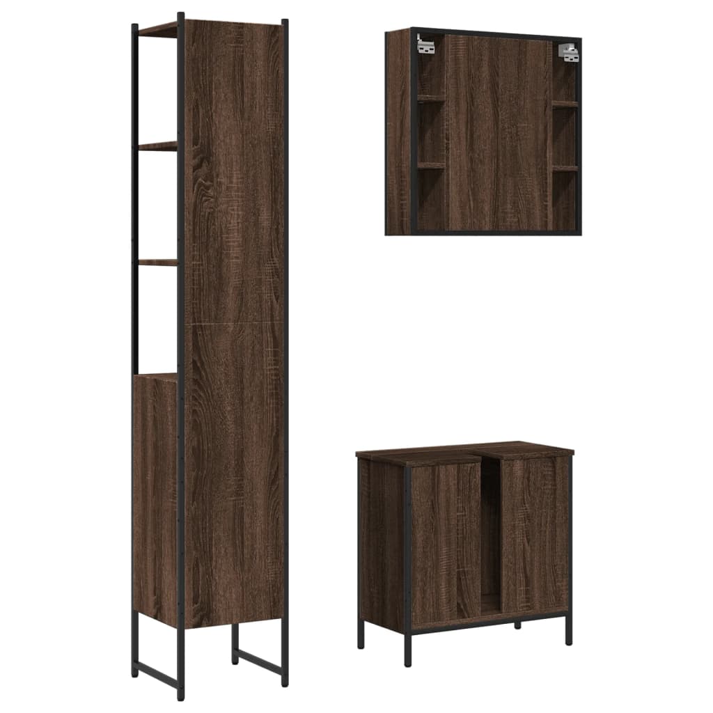 3 Piece Bathroom Cabinet Set Brown Oak Engineered Wood