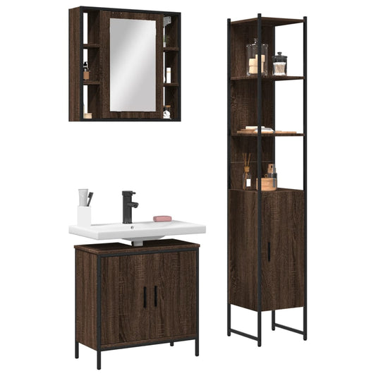 3 Piece Bathroom Cabinet Set Brown Oak Engineered Wood