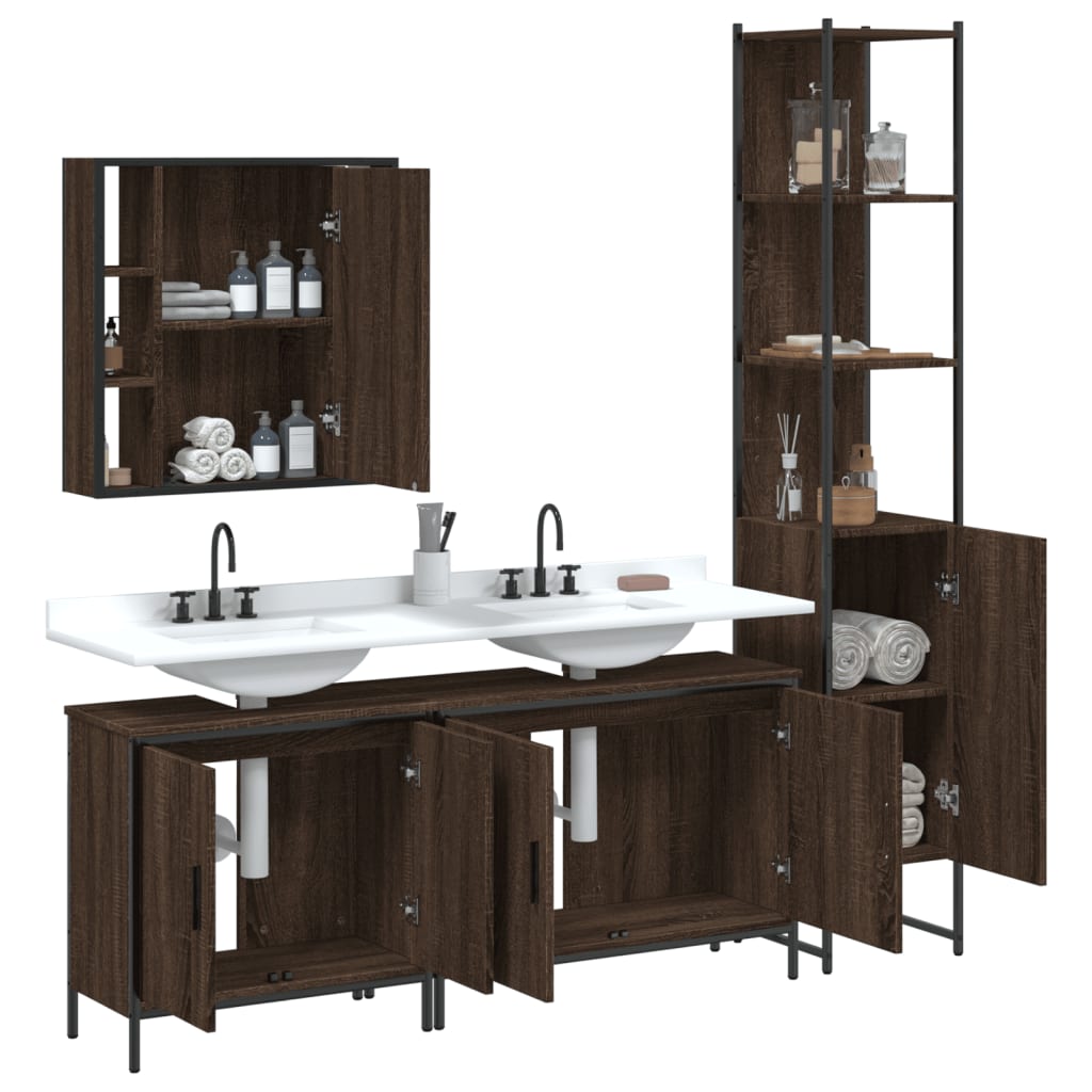 4 Piece Bathroom Cabinet Set Brown Oak Engineered Wood