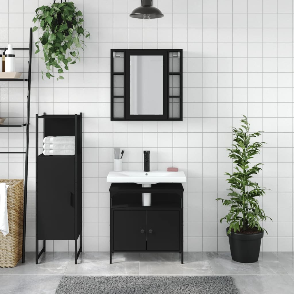 3 Piece Bathroom Cabinet Set Black Engineered Wood