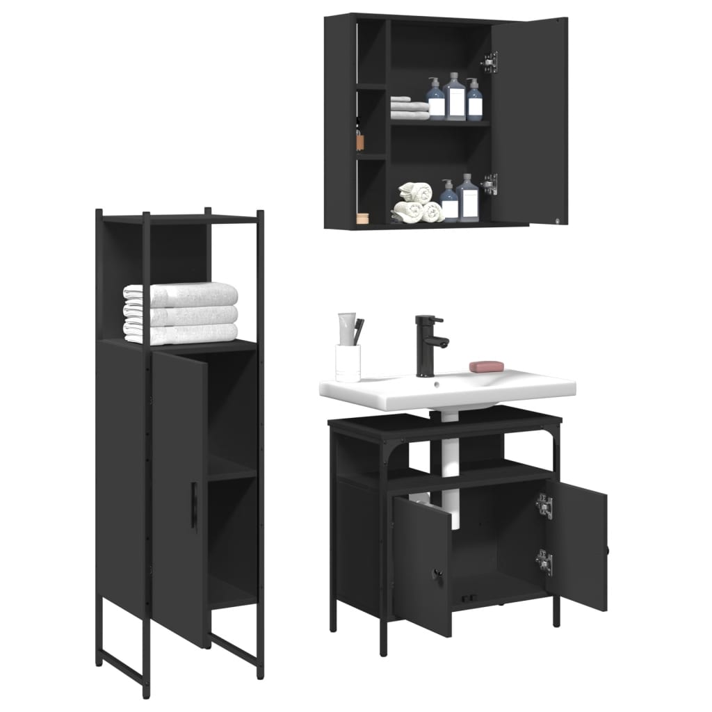 3 Piece Bathroom Cabinet Set Black Engineered Wood