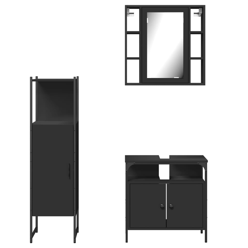 3 Piece Bathroom Cabinet Set Black Engineered Wood