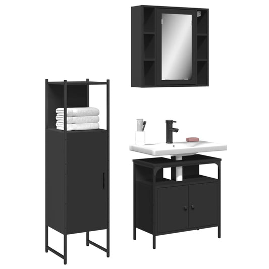 3 Piece Bathroom Cabinet Set Black Engineered Wood