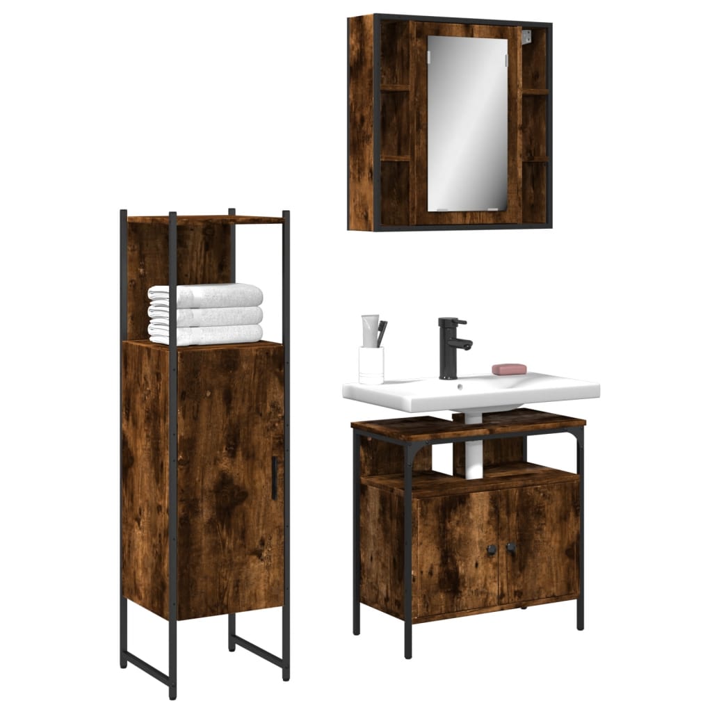 3 Piece Bathroom Cabinet Set Smoked Oak Engineered Wood