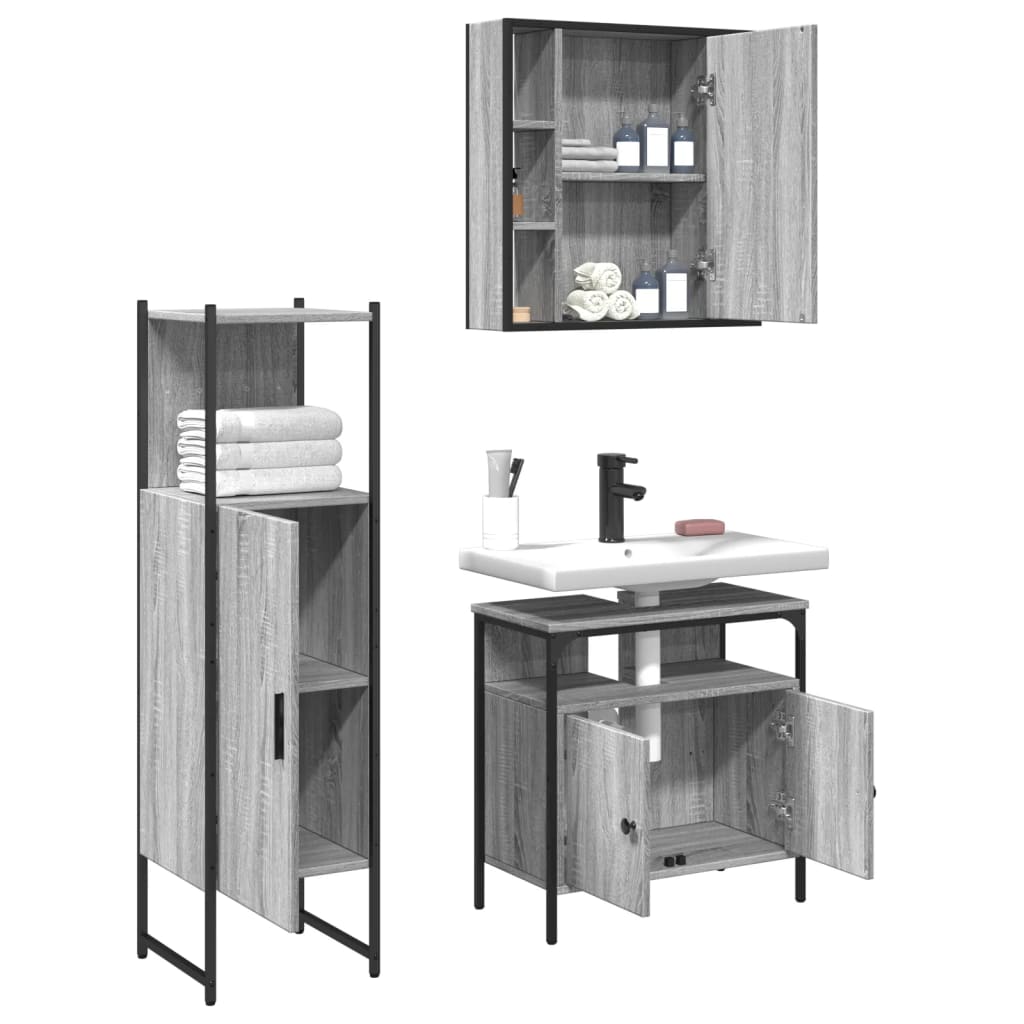 3 Piece Bathroom Cabinet Set Grey Sonoma Engineered Wood