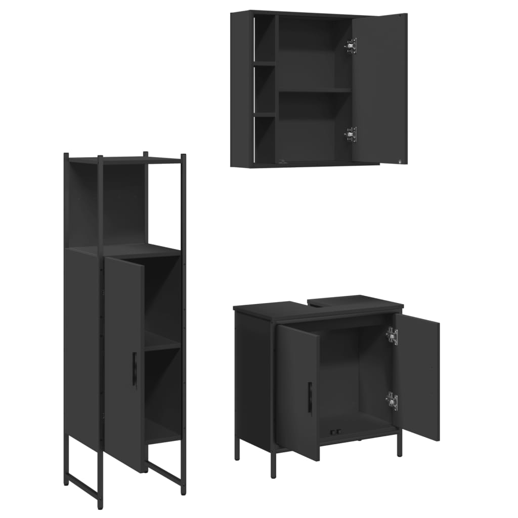 3 Piece Bathroom Cabinet Set Black Engineered Wood