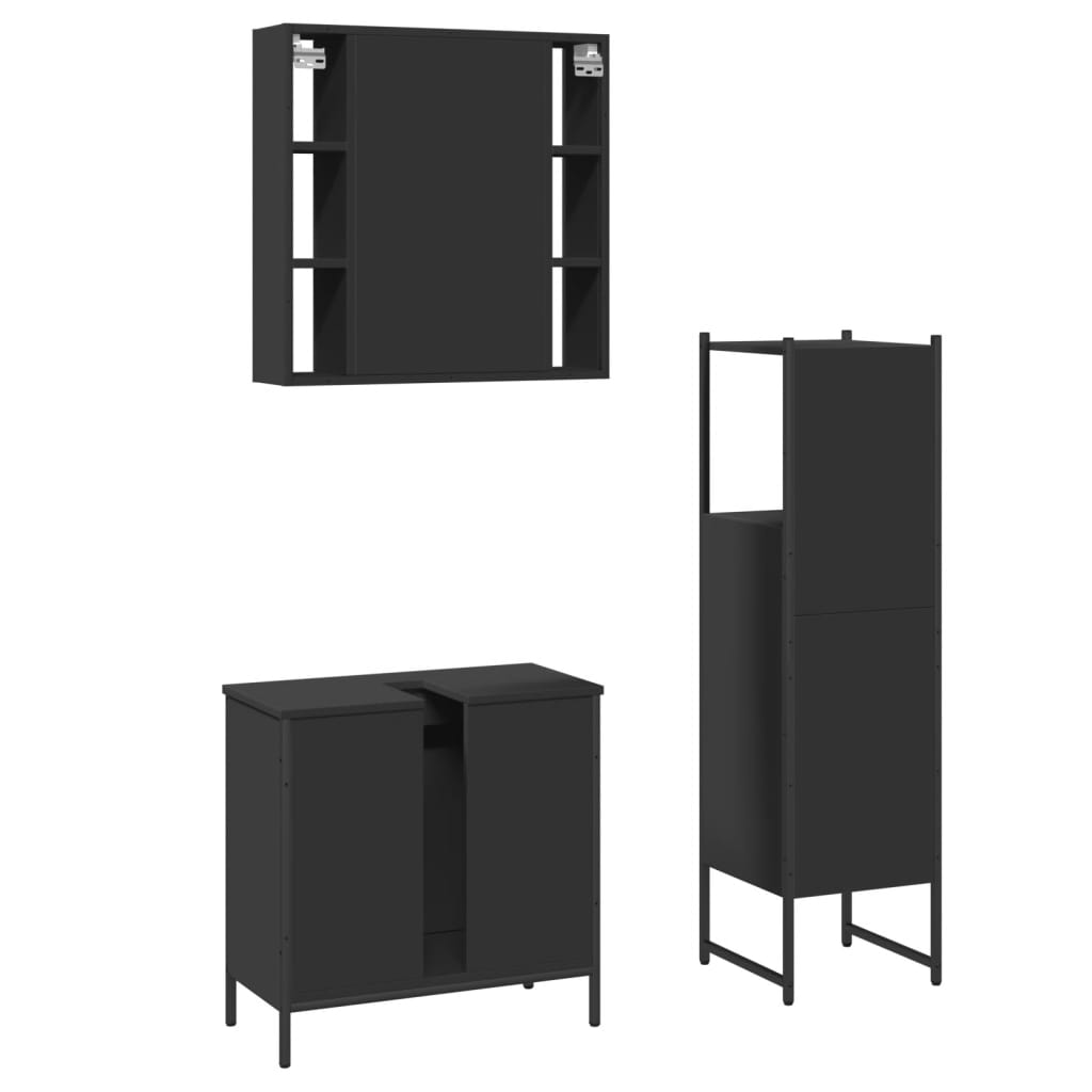 3 Piece Bathroom Cabinet Set Black Engineered Wood