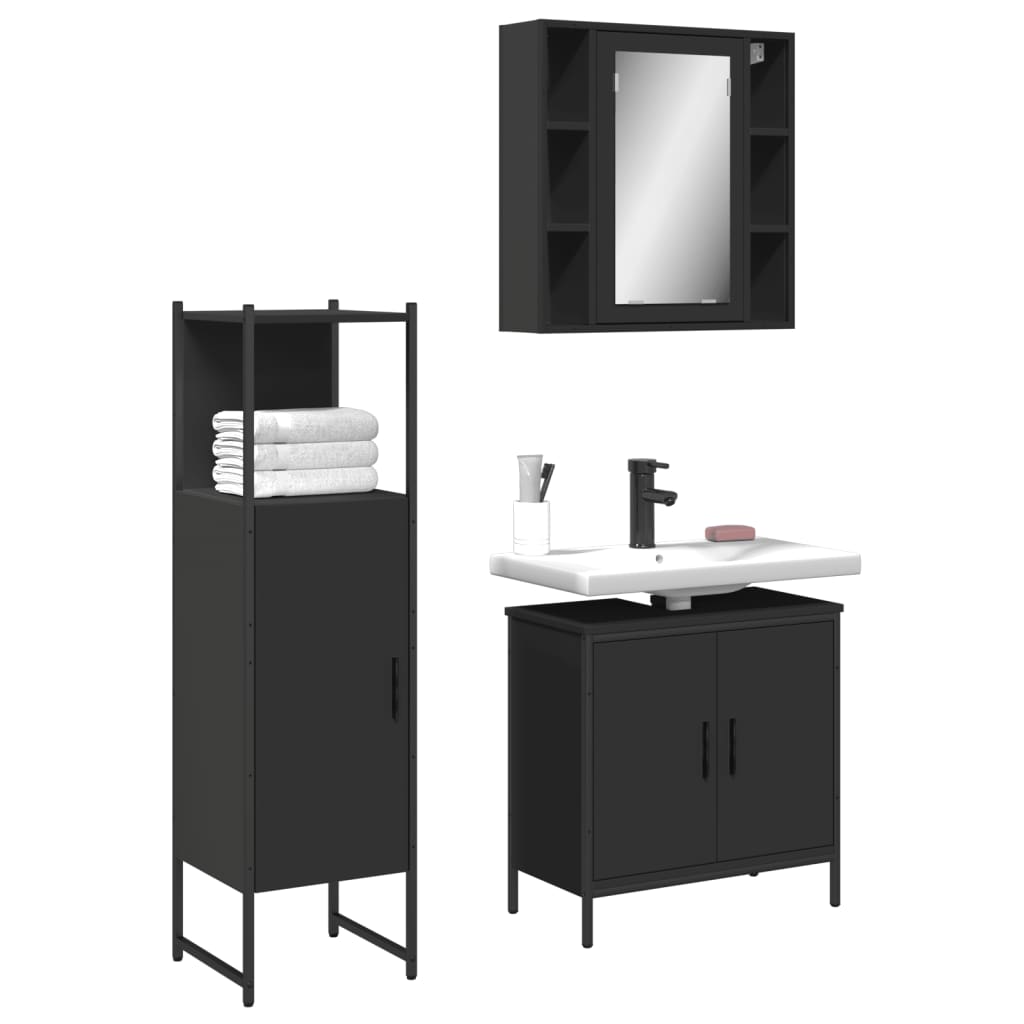 3 Piece Bathroom Cabinet Set Black Engineered Wood