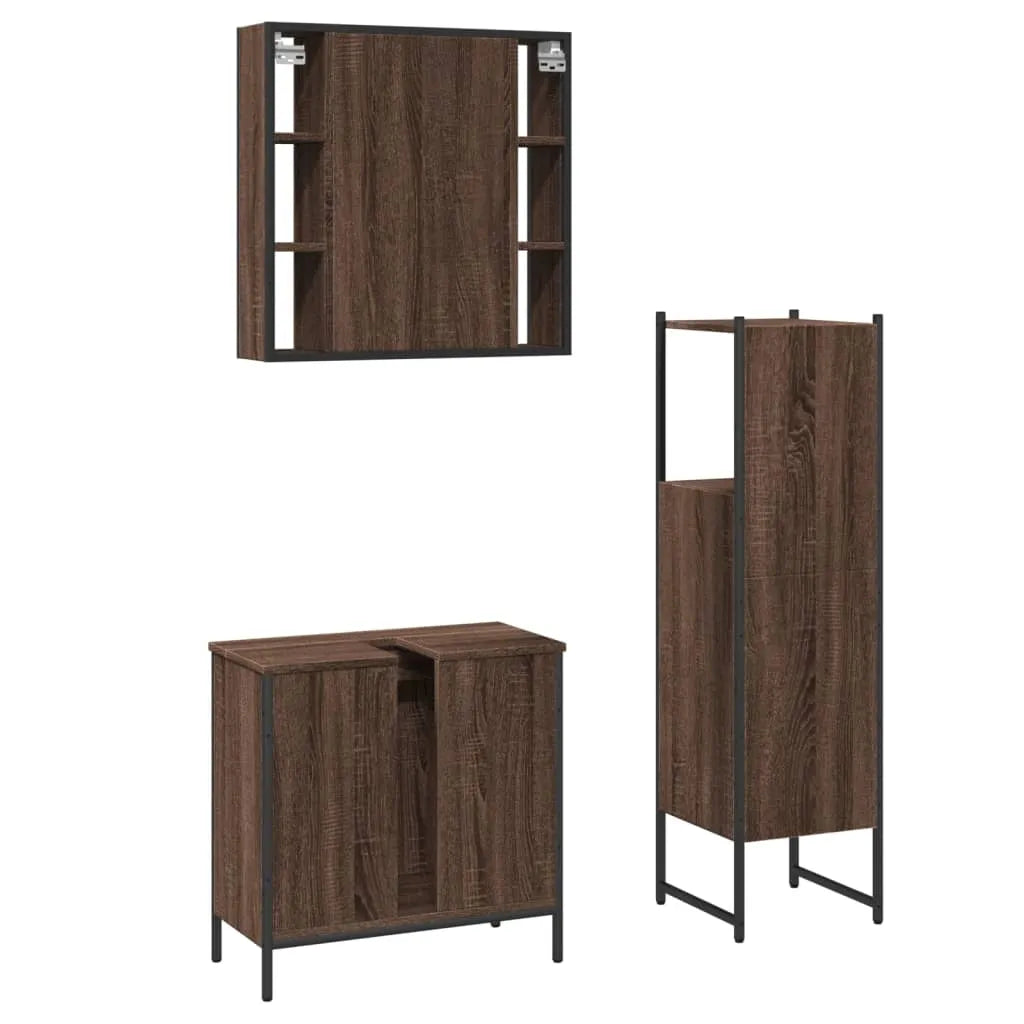 3 Piece Bathroom Cabinet Set Brown Oak Engineered Wood