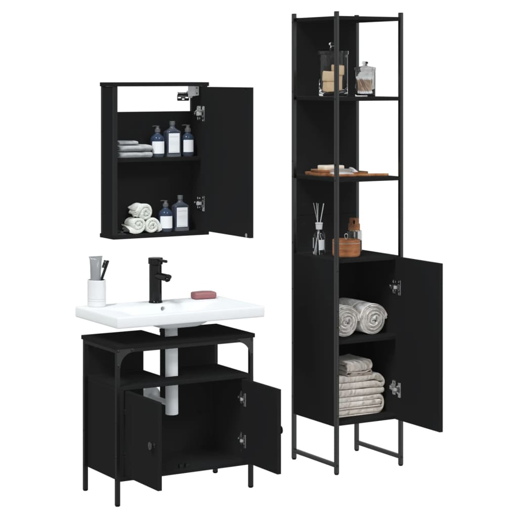 3 Piece Bathroom Furniture Set Black Engineered Wood