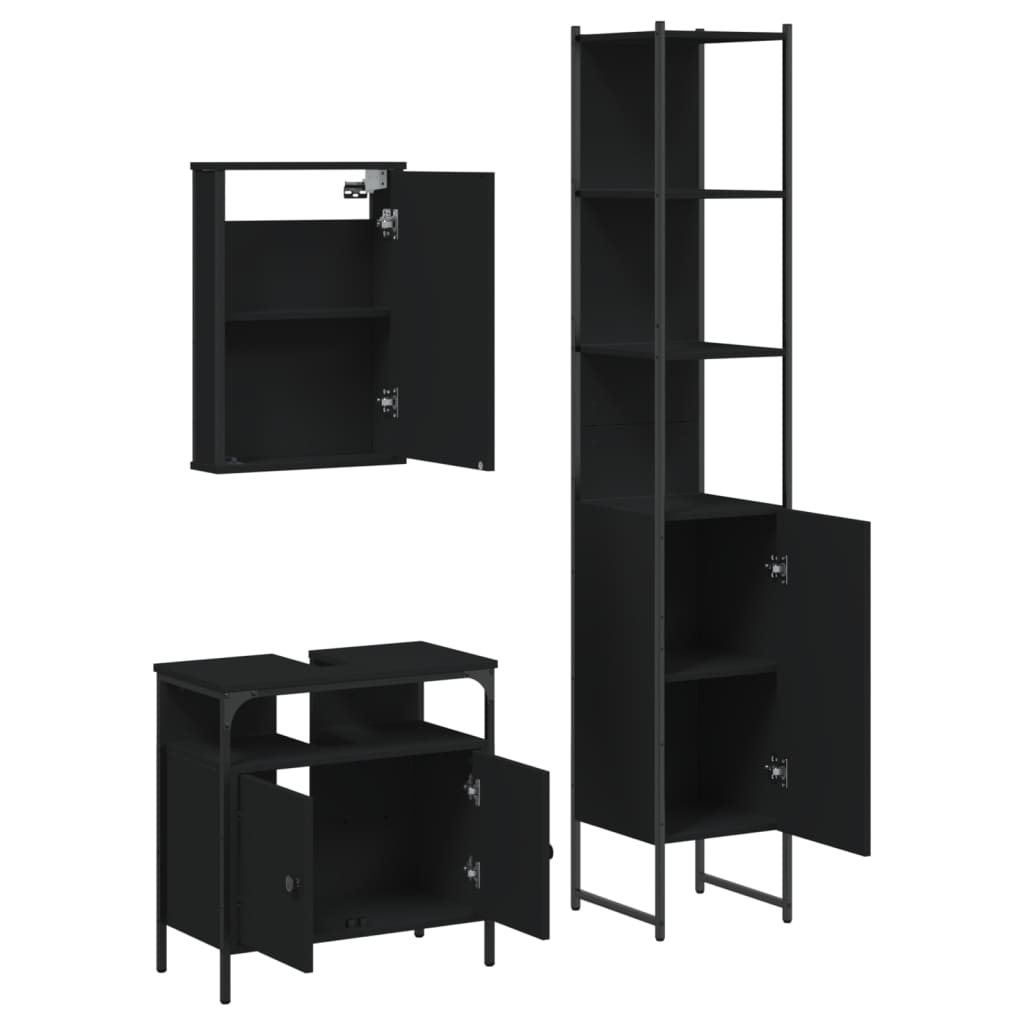 3 Piece Bathroom Furniture Set Black Engineered Wood