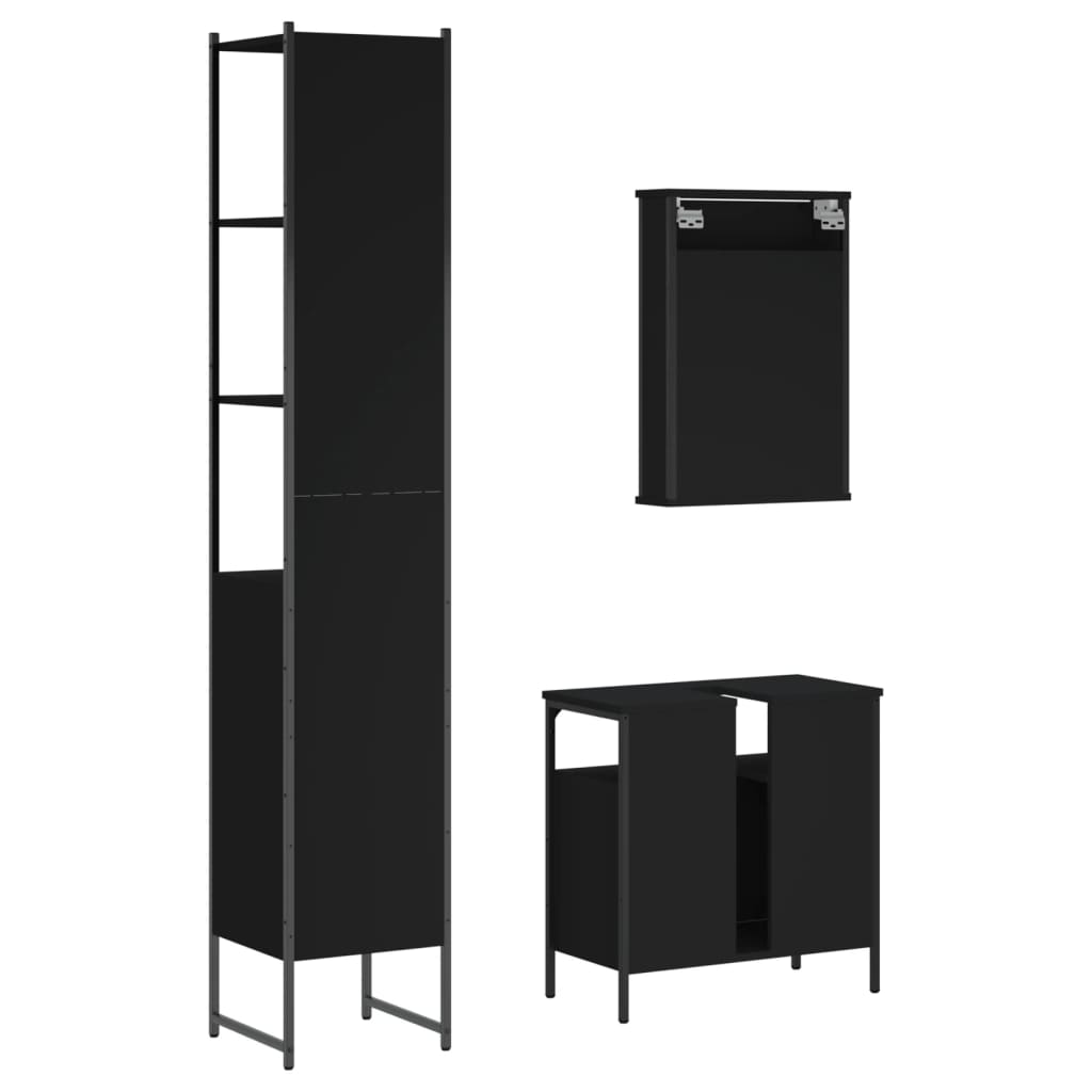 3 Piece Bathroom Furniture Set Black Engineered Wood