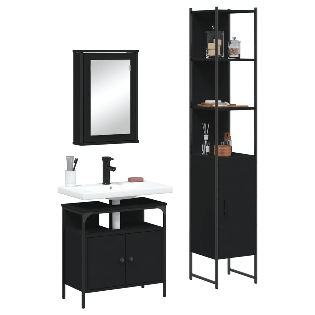 3 Piece Bathroom Furniture Set Black Engineered Wood