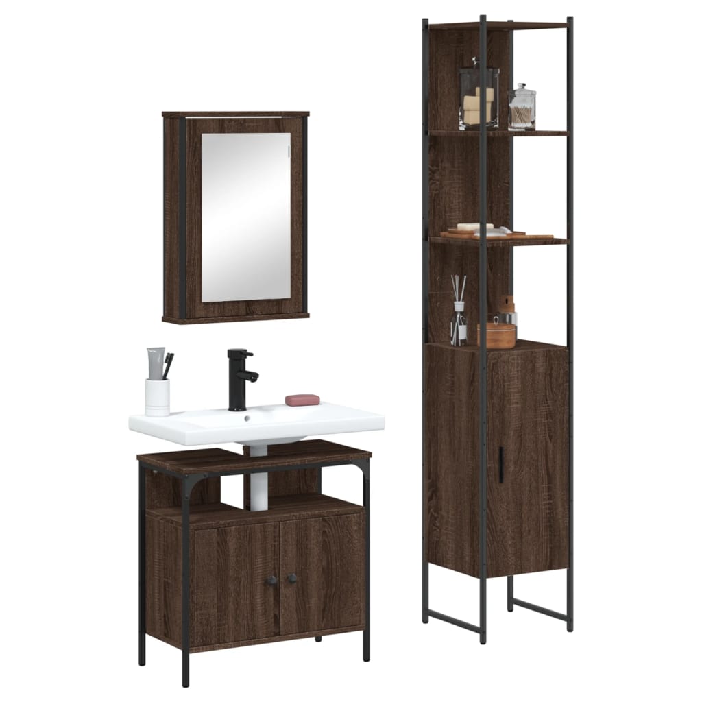 3 Piece Bathroom Furniture Set Brown Oak Engineered Wood