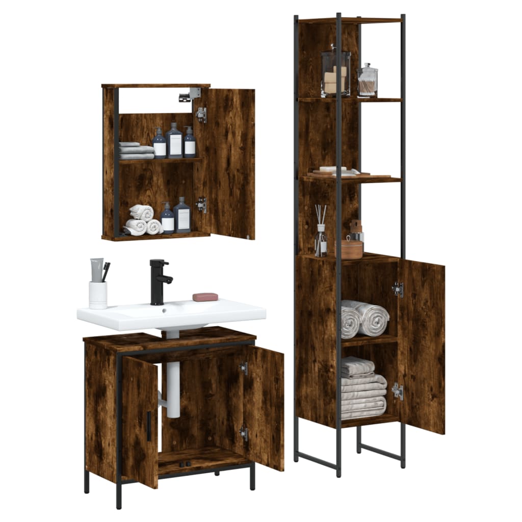 3 Piece Bathroom Furniture Set Smoked Oak Engineered Wood