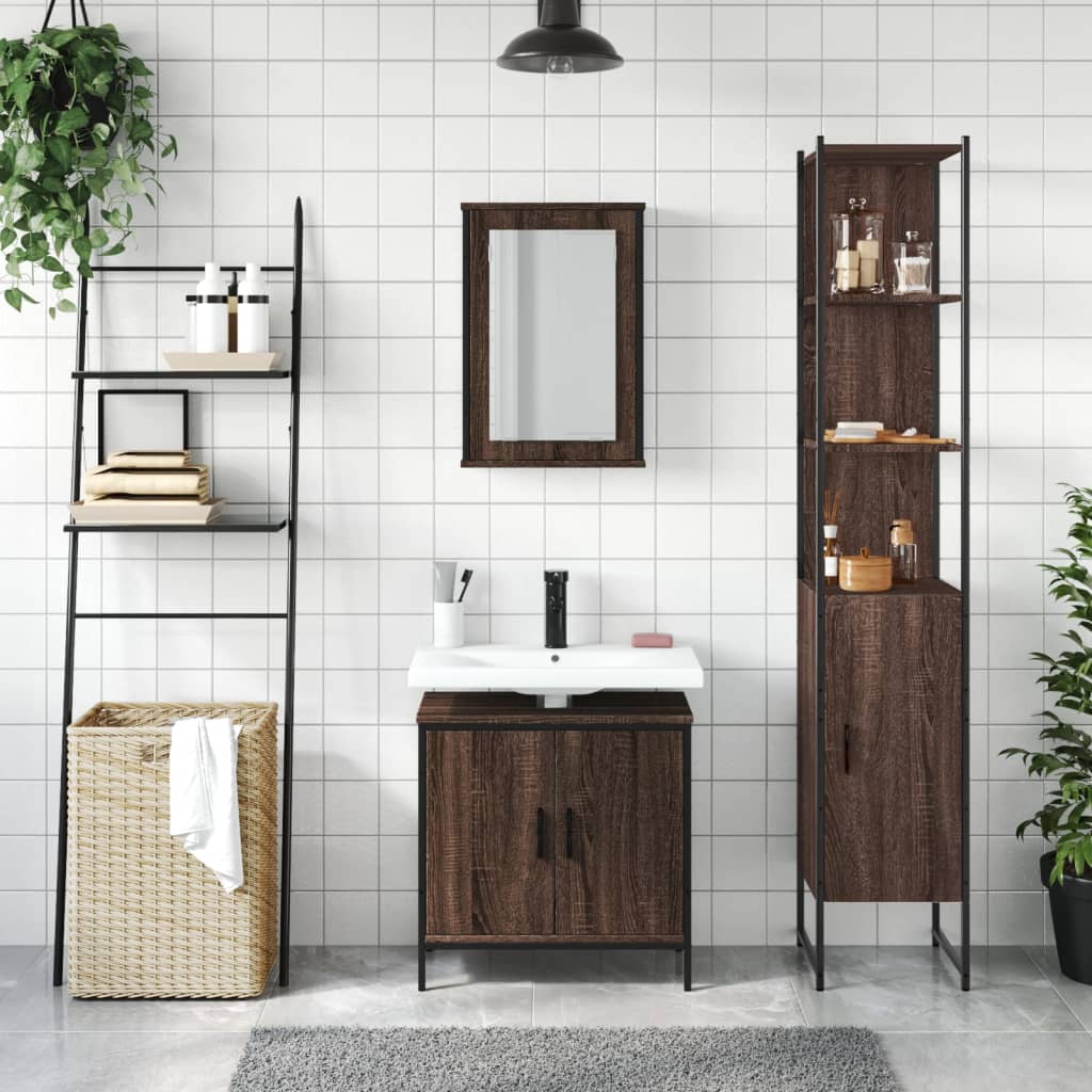 3 Piece Bathroom Furniture Set Brown Oak Engineered Wood.