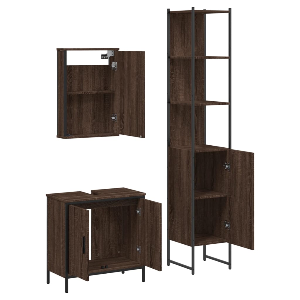 3 Piece Bathroom Furniture Set Brown Oak Engineered Wood.