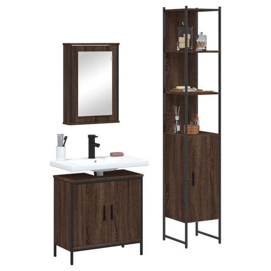 3 Piece Bathroom Furniture Set Brown Oak Engineered Wood.