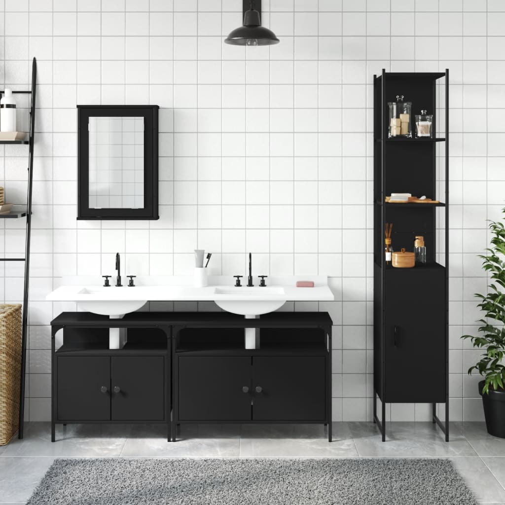 4 Piece Bathroom Furniture Set Black Engineered Wood