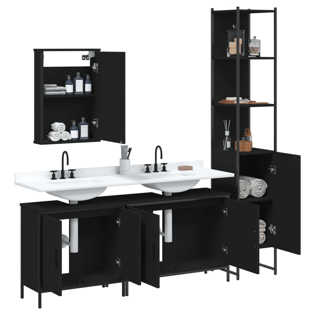 4 Piece Bathroom Furniture Set Black Engineered Wood