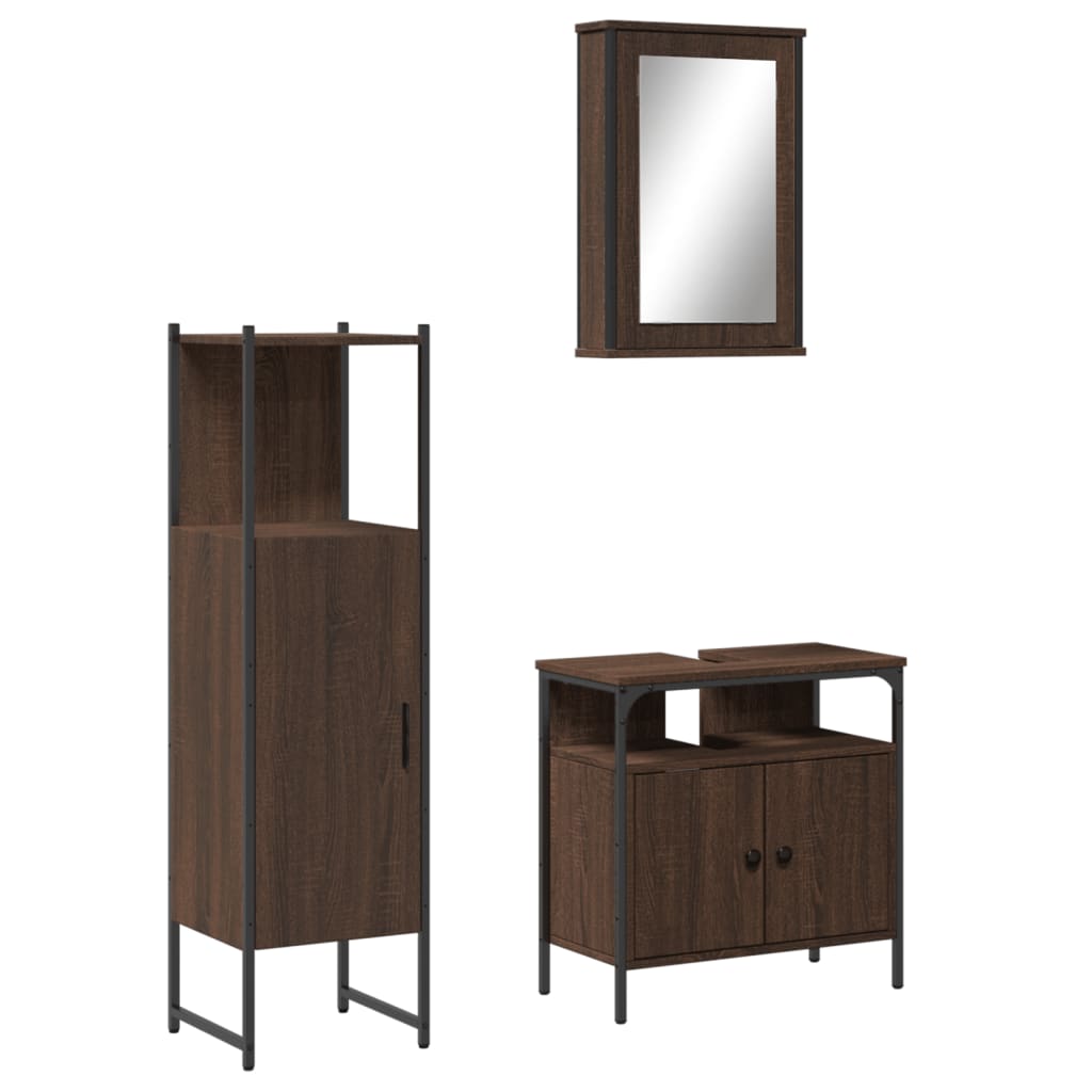 3 Piece Bathroom Furniture Set Brown Oak Engineered Wood