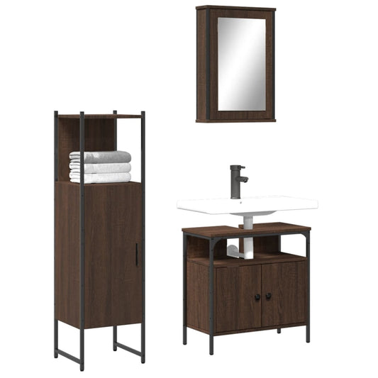 3 Piece Bathroom Furniture Set Brown Oak Engineered Wood