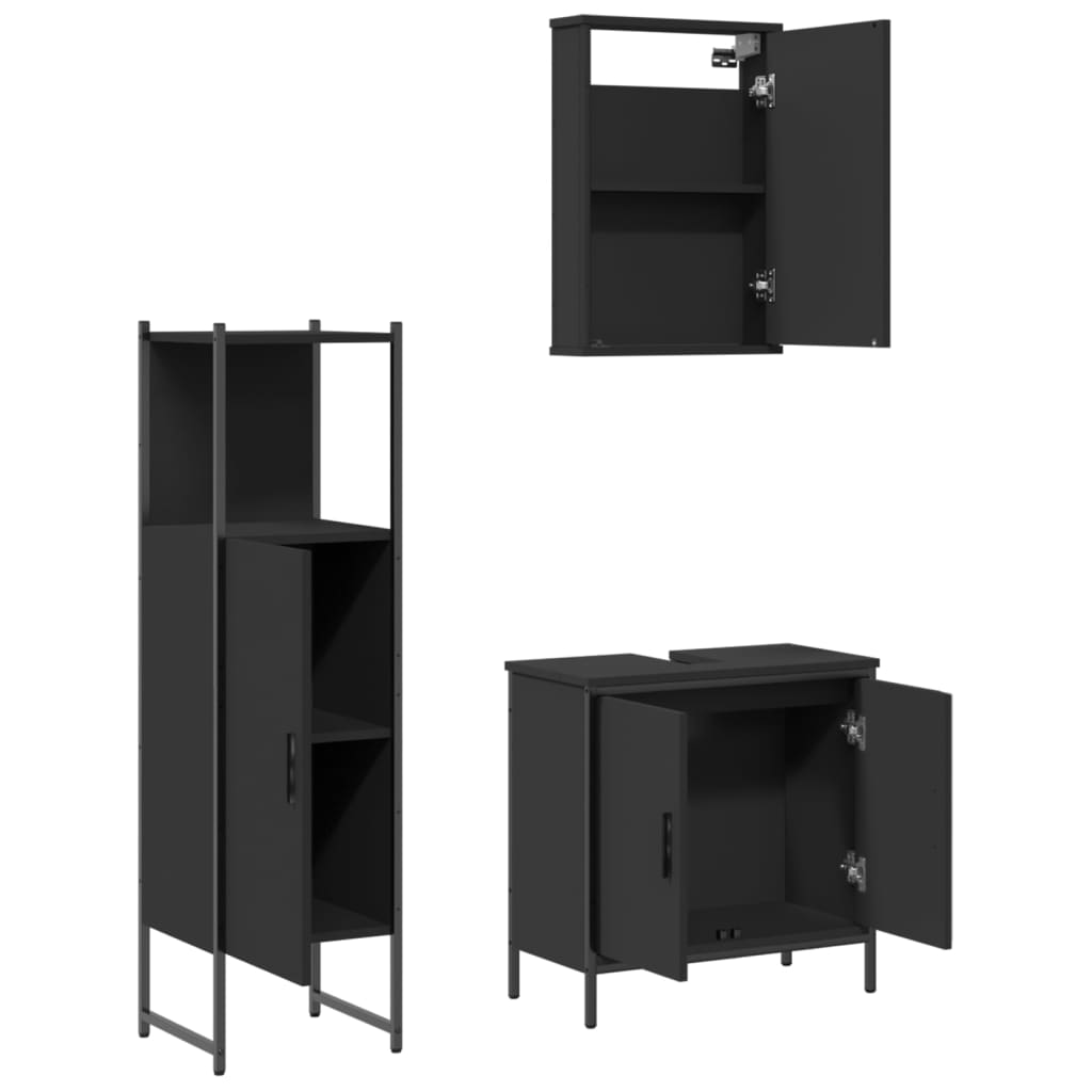 3 Piece Bathroom Furniture Set Black Engineered Wood