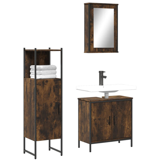 3 Piece Bathroom Furniture Set Smoked Oak Engineered Wood