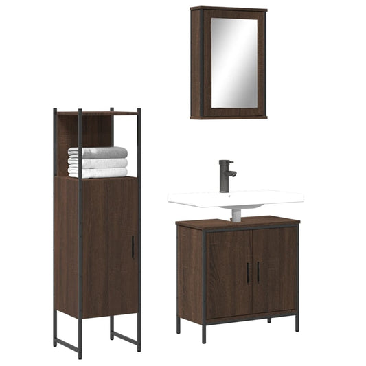 3 Piece Bathroom Furniture Set Brown Oak Engineered Wood