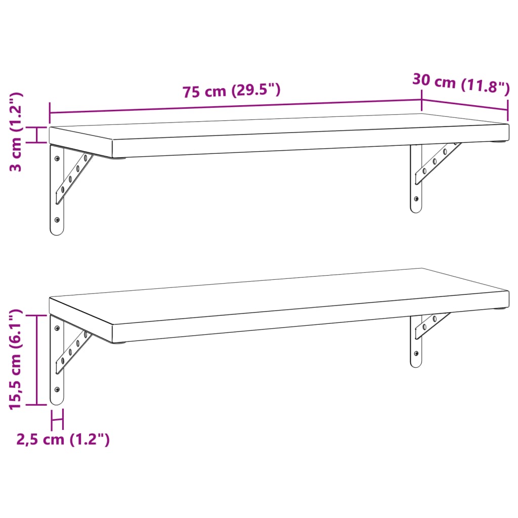 Wall Shelves 2 pcs 75x30 cm Silver Stainless Steel