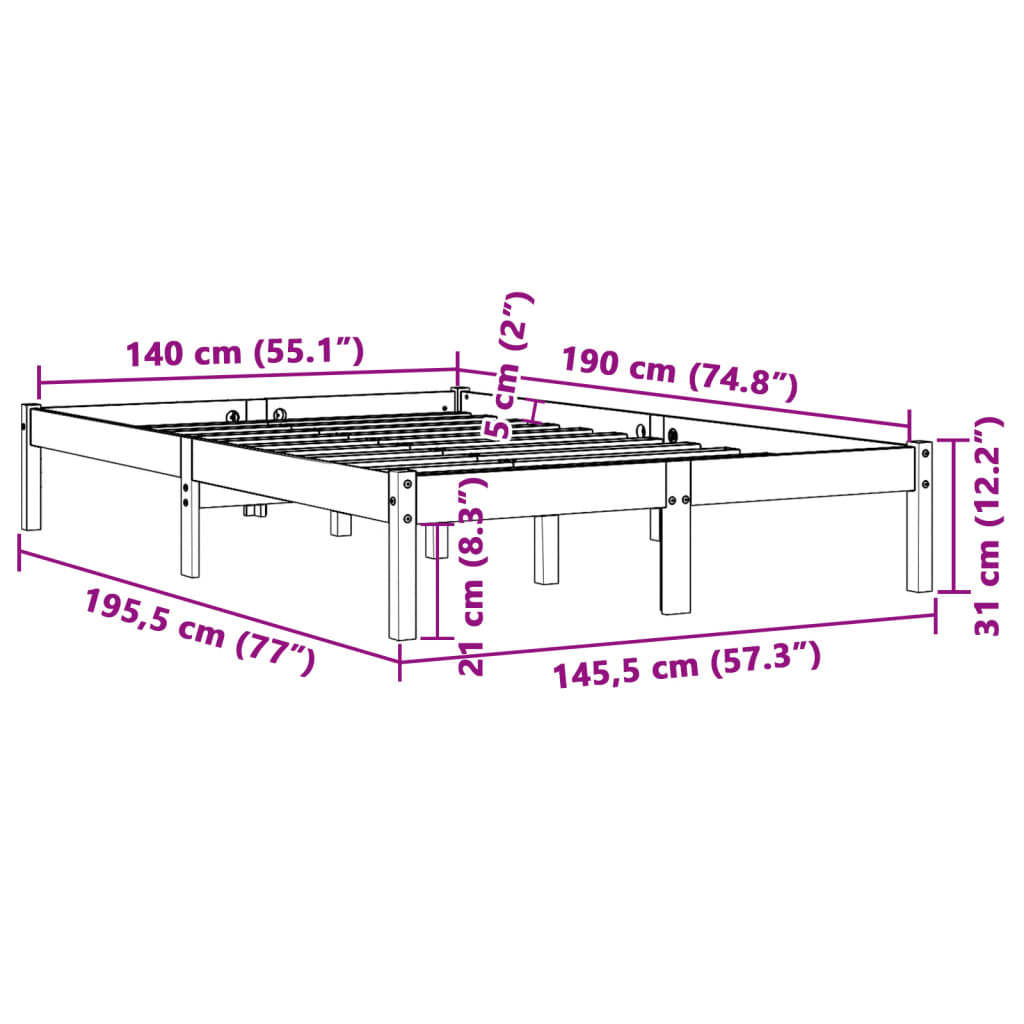 Bed Frame Wax Brown 140x190 cm Solid Wood Pine