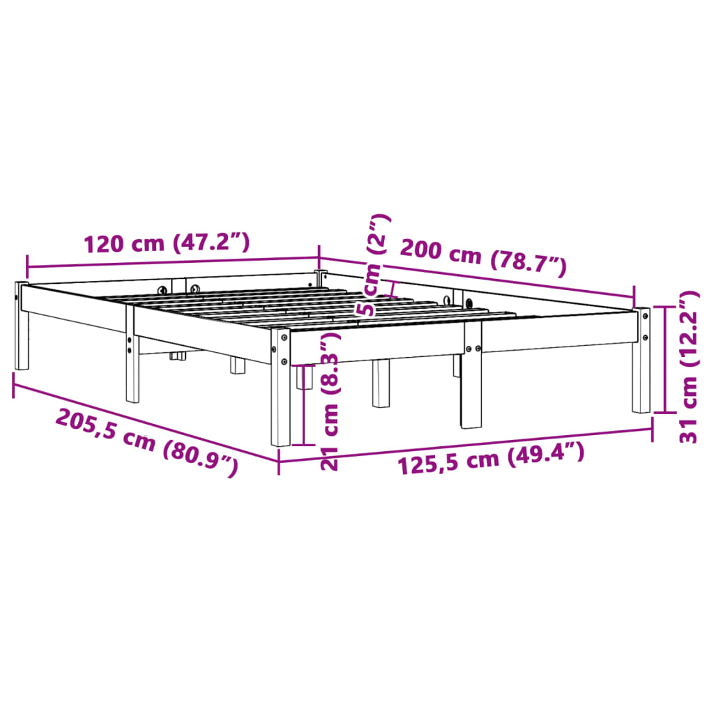 Bed Frame Wax Brown 120x200 cm Solid Wood Pine