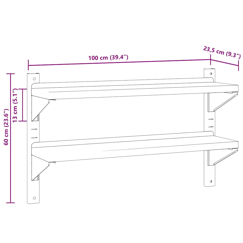 2-Tier Wall Shelf 100x23.5x60 cm Silver Stainless Steel