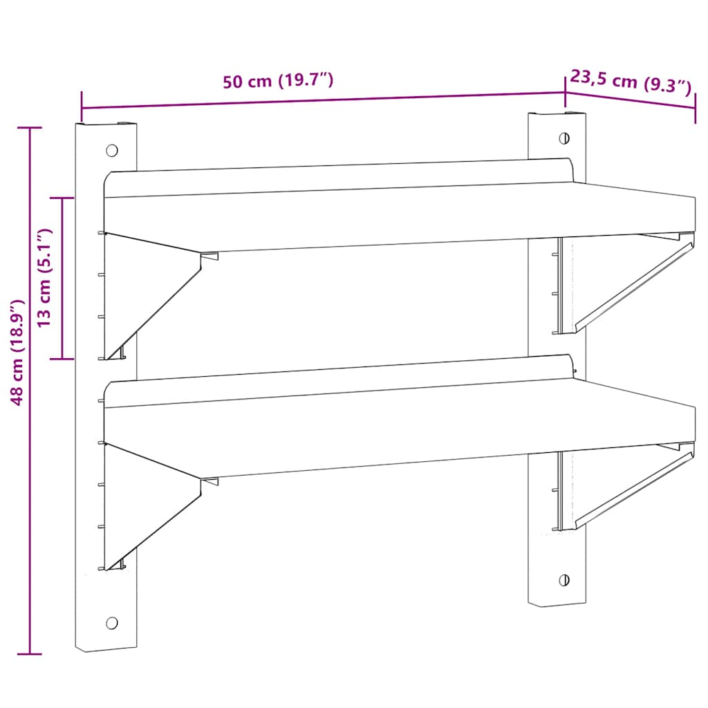 2-Tier Wall Shelf 50x23.5x60 cm Silver Stainless Steel