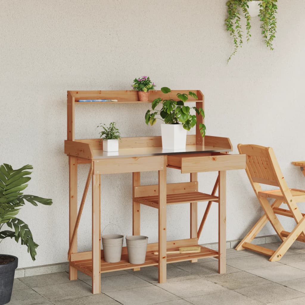 Potting Bench with Shelves Brown Solid Wood Fir