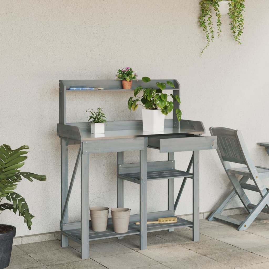 Potting Bench with Shelves Grey Solid Wood Fir