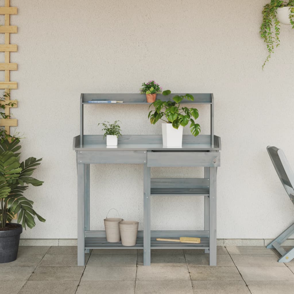 Potting Bench with Shelves Grey Solid Wood Fir