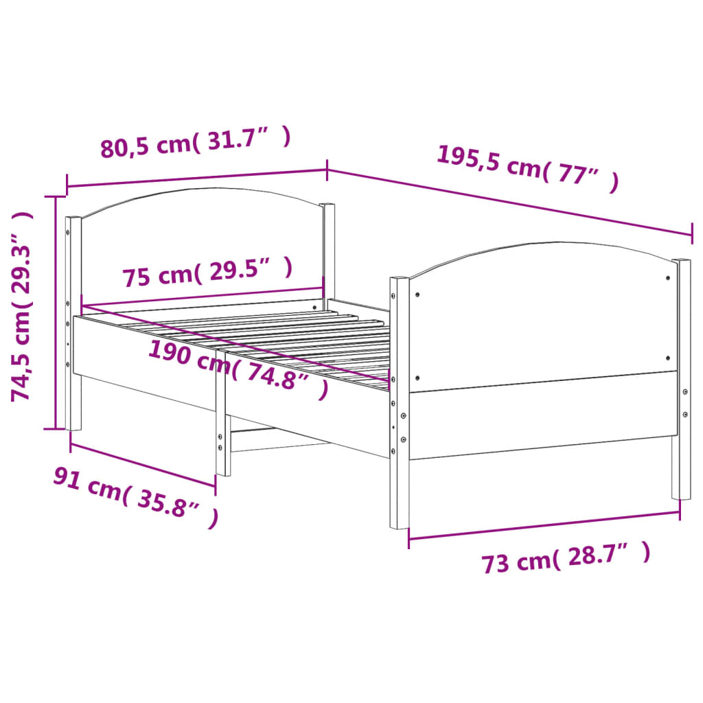 Bed Frame with Headboard White 75x190 cm Small Single Solid Wood Pine