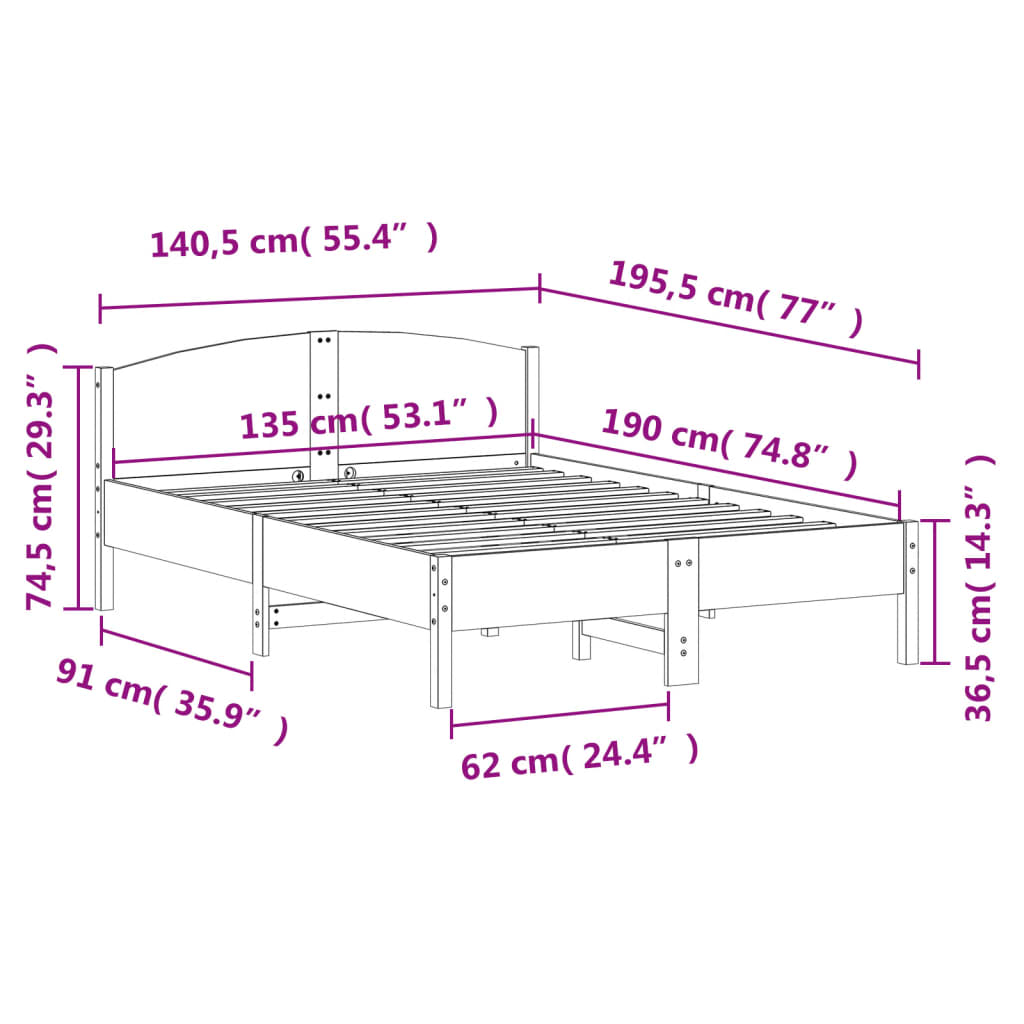 Bed Frame with Headboard Wax Brown 135x190 cm Double Solid Wood Pine