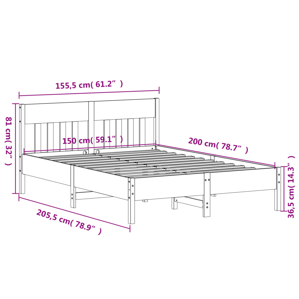 Bed Frame with Headboard 150x200 cm King Size Solid Wood Pine