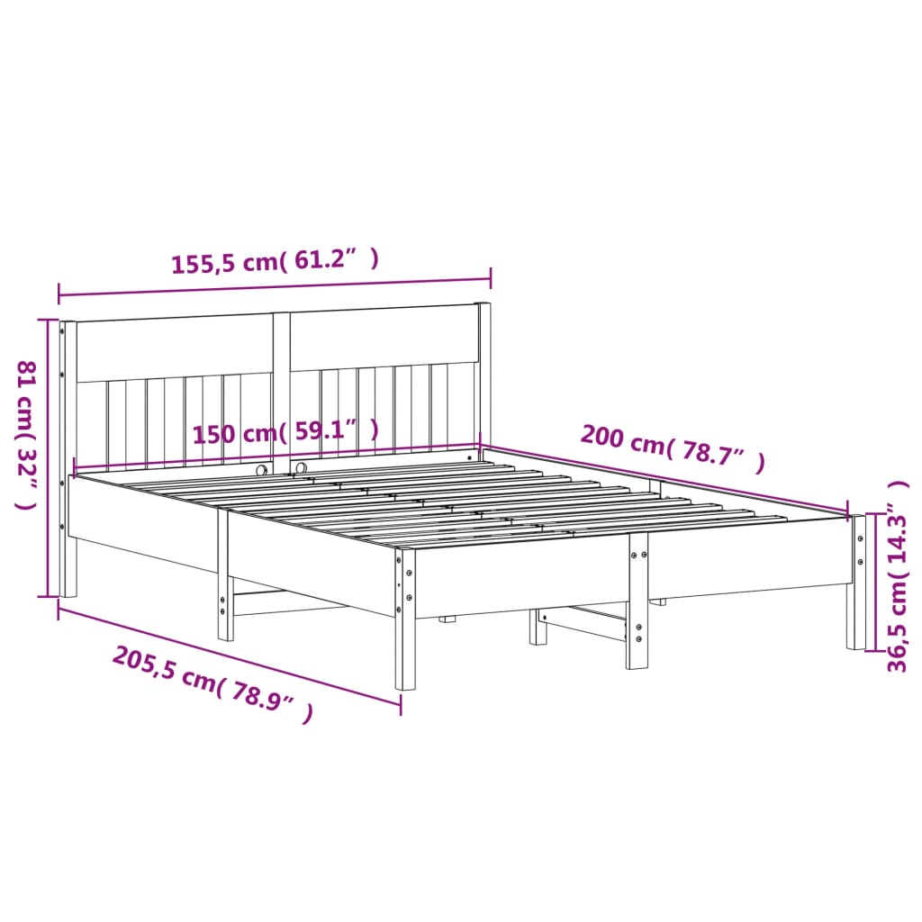 Bed Frame with Headboard Wax Brown 150x200 cm King Size Solid Wood Pine