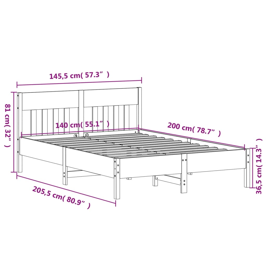 Bed Frame with Headboard 140x200 cm Solid Wood Pine