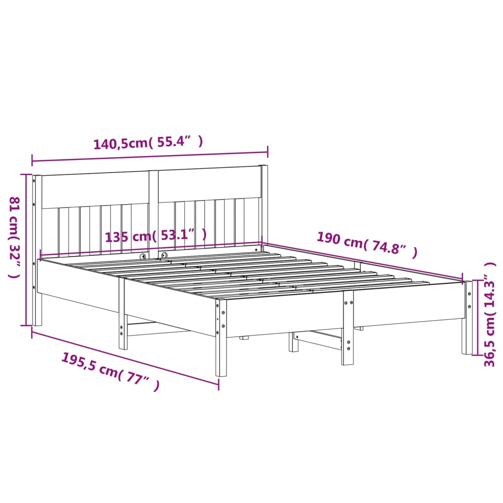 Bed Frame with Headboard 135x190 cm Double Solid Wood Pine