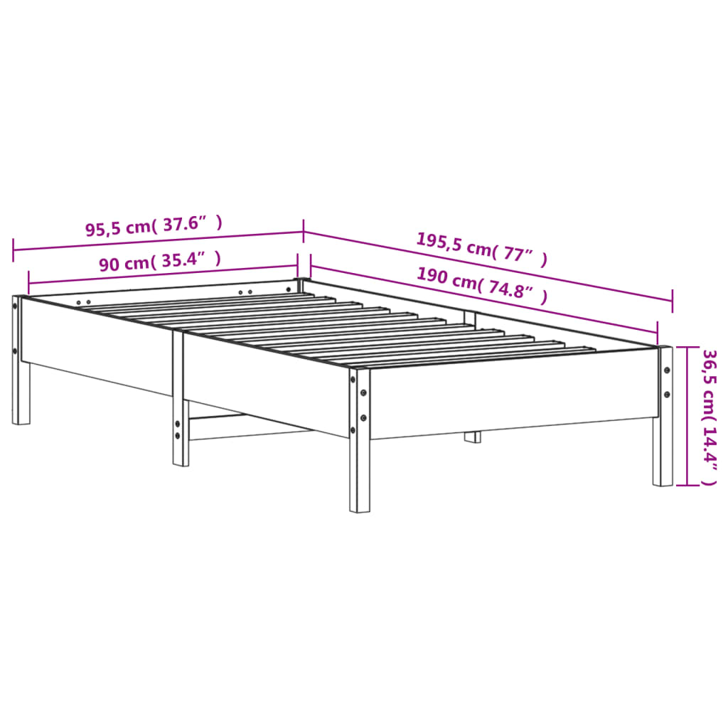 Bed Frame White 90x190 cm Single Solid Wood Pine