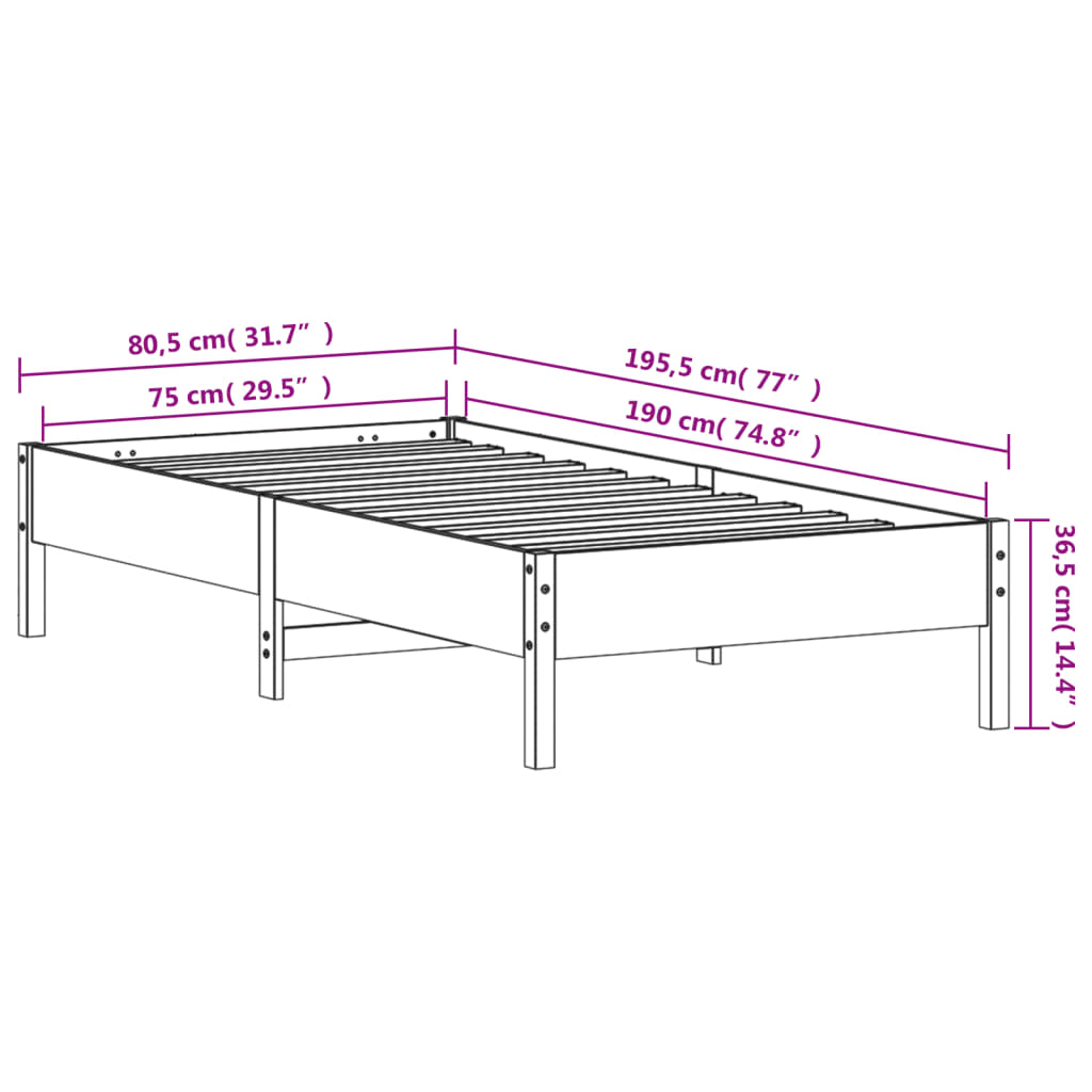 Bed Frame White 75x190 cm Small Single Solid Wood Pine