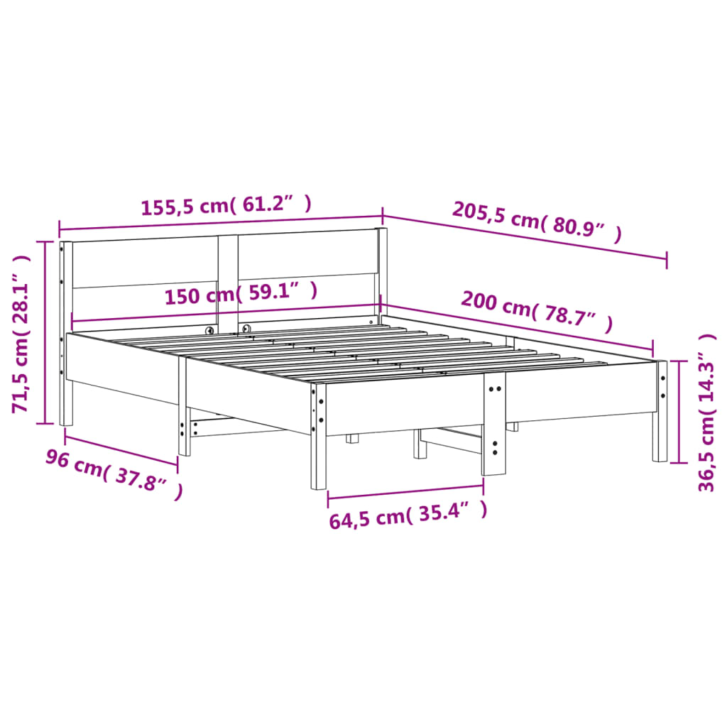 Bed Frame with Headboard White 150x200 cm King Size Solid Wood Pine